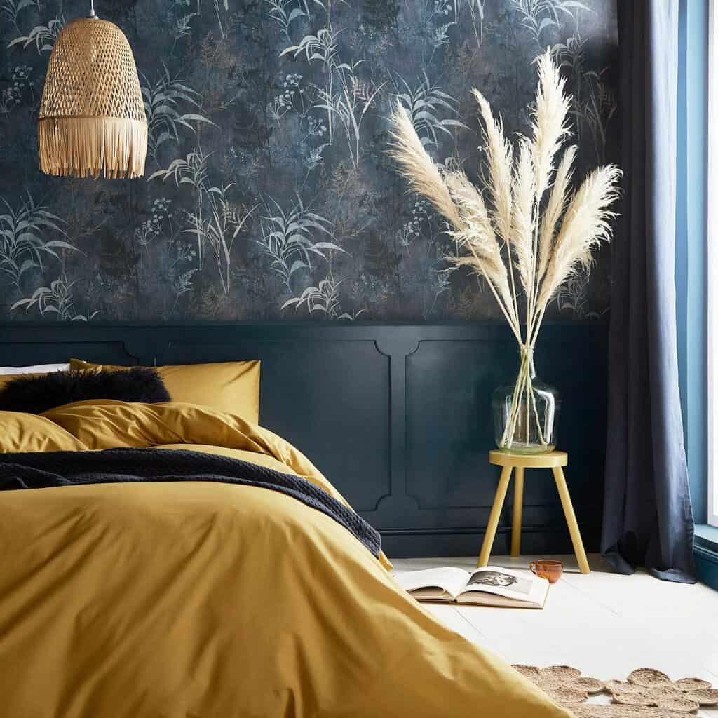 featured image showing a stylish bedroom with midnight botanical wallpaper