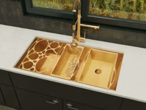 Featured image showing a unique gold workstation kitchen sink with accessories from Mila International