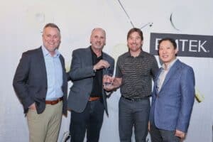 Featured image showing Sales Award - Chad Booth from Excel Marketing was awarded Representative of the year in the West for Emtek. In order in the pic below - Steve Kamp - Vice President of Sales and Marketing, Stuart Mann - Sales Director - Western Region, Jason Chau - President.