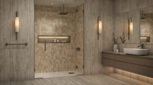 Featured image showing the new ROC Collection shower base from Americh in a modern, well-designed bathroom