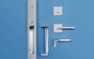 Featured image showing a set of Emtek's new Hercules knurled and smooth handled door pulls and levers