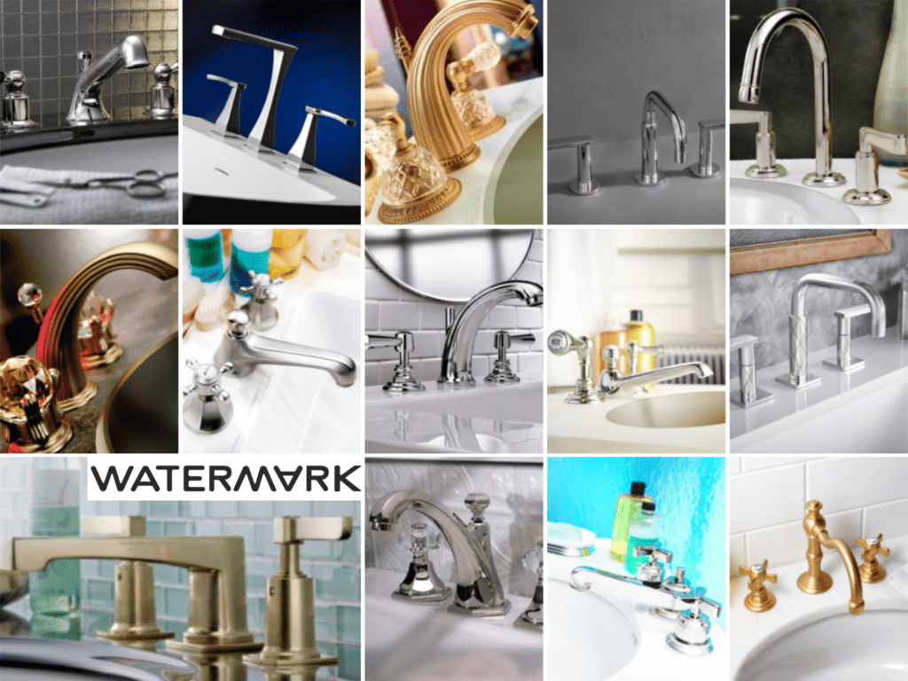 Featured image showing a collage of 14 faucets in multiple finishes, that make up the Heritage Collection from Watermark Designs