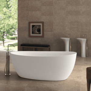 Featured image showing Americh’s New Matte White Finish bathtub in a modern bathroom.
