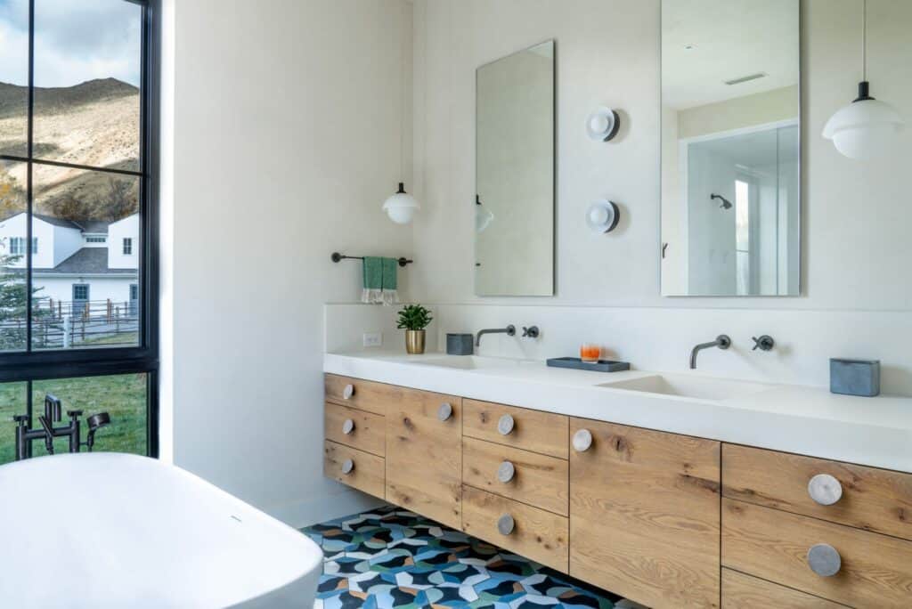 Featured image showing a modern mountain bathroom with RMH and Suede Studio hardware.