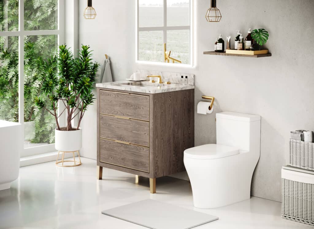 Inline image showing an Icera Muse toilet in a modern contemporary bathroom with natural wood tones and white oak vanity.