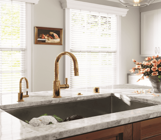 Featured image showing Watermarks' new kitchen faucet and soap dispenser used on a farmhouse undermount sink in a modern farmhouse home.