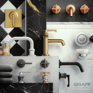 Featured image showing a plethora of GRAFF Kitchen and Bathroom Faucets in multiple finishes.
