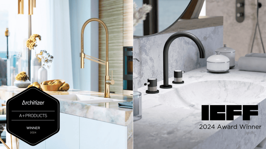 Featured image showing two GRAFF Faucets side by side in modern kitchens. The Futurismo kitchen collection is designed with futuristic flair and elevated functionality for commercial and residential kitchens. Featuring a sleek silhouette, Futurismo blends high performance and streamlined aesthetics, enhancing and complementing both commercial and residential interiors.