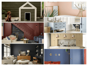 Inline image showing a collage of modern interiors with walls and cabinets painted in the 2024 Colors of the Year, chosen by various industry experts in paint and interior design.