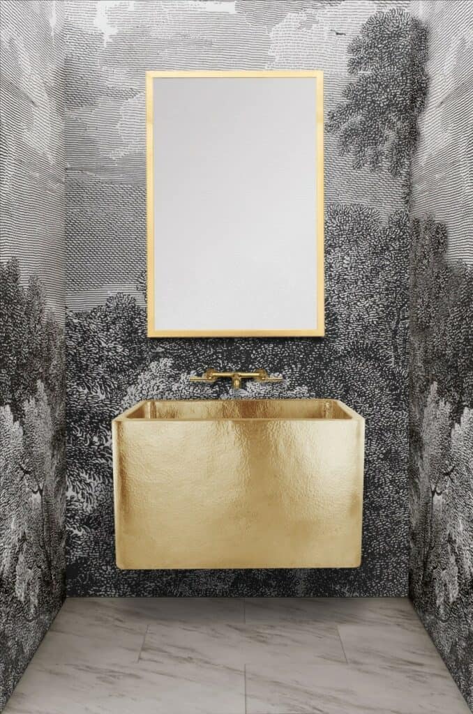 Inline image showing a masterful artistry sink from Linkasink. Pounded gold wall mounted floating rectangular sink in a modern bathroom.