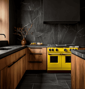 Featured image showing an AI generated kitchen with textures like wood and stone combined with a minimal aesthetic. Used to create a painterly space. Image credit: Patricia Gaylor