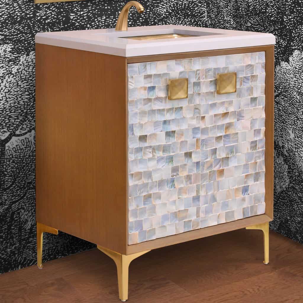 Inline image showing Linkasink's new Wood Vanity with Brass Trim, adorned with REAL Shells.