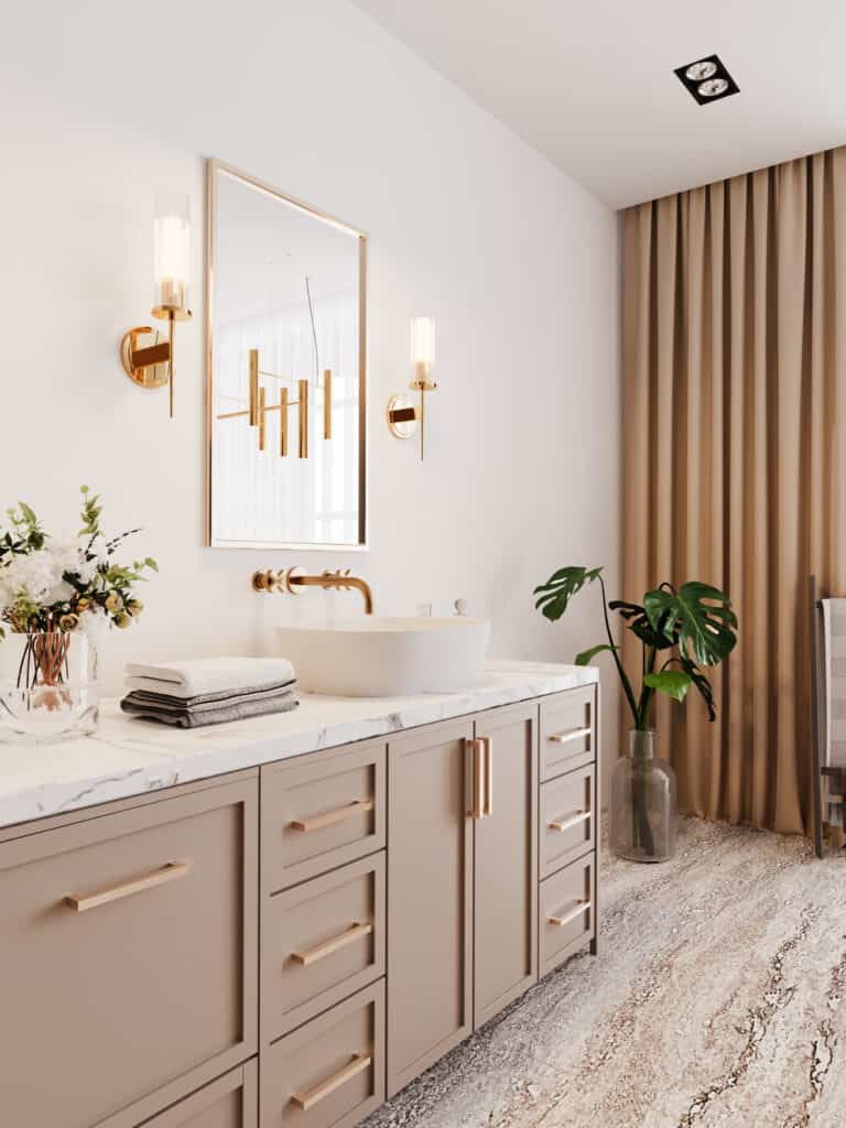 Featured image showing a spacious vanity with a double-sink design, featuring winter maple cabinetry and polished granite countertops, complete with two large mirrors and ample drawer storage for family or shared bathrooms. Made by DM Bath.