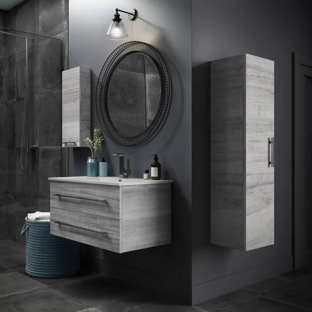 Featured image showing a wall mounted Bluvano Bathroom Vanity and Storage in a moody, modern bathroom.