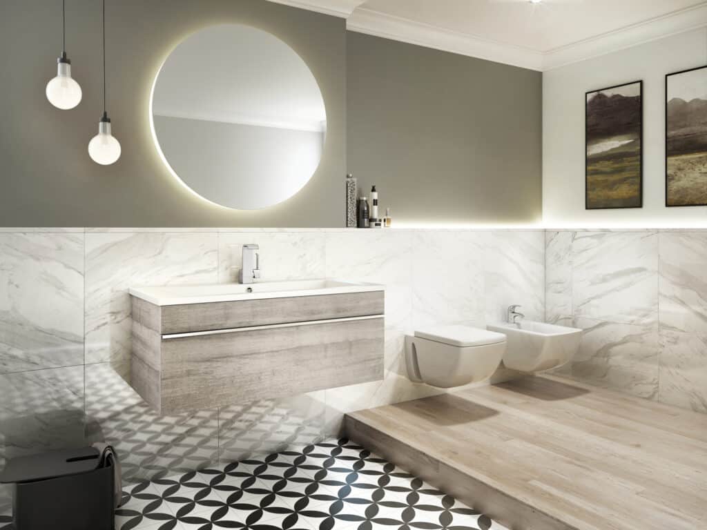 Featured image showing a wall mounted bathroom vanity from Bluvano in an elegant bathroom.