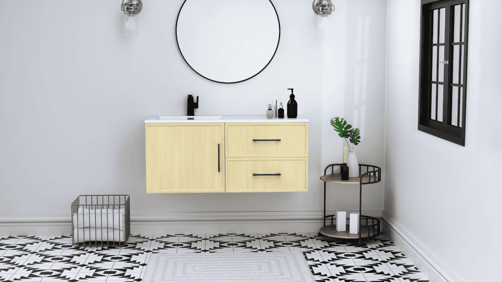 Featured image showing a Bluvano vanity in a modern yellow finish with black hardware