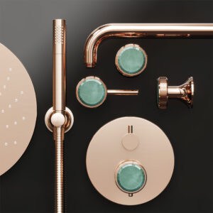 Featured image showing a collection of Jörger's Valencia taps in rose gold with green aventurine handles on a black background