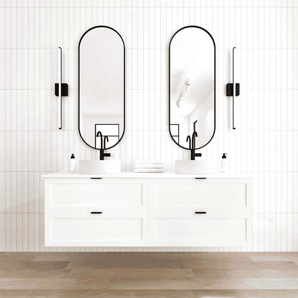 Featured image showing a floating bathroom vanity from DM Bath with a slim shaker cabinet in designer white with accent mirrors and vanity lights.