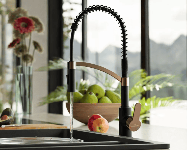 Inline image showing a modern Wasserwerk Faucet in a beautiful kitchen with a view.