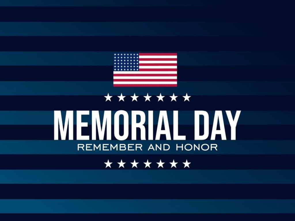 Memorial Day graphic with a flag on a striped background