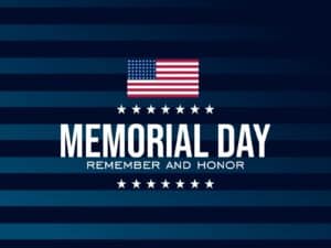 Memorial Day graphic with a flag on a striped background