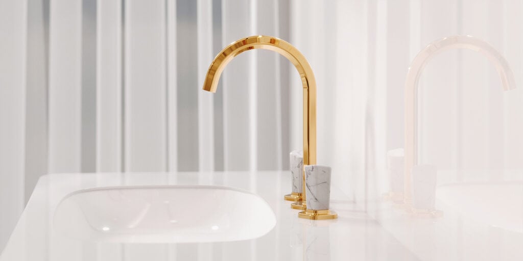 Featured image showing the new SHADÓ series from JÖRGER Design in a modern bright bathroom. The faucet combines fine natural stone and luxurious metal to create an extraordinary mix of aesthetics and craftsmanship.