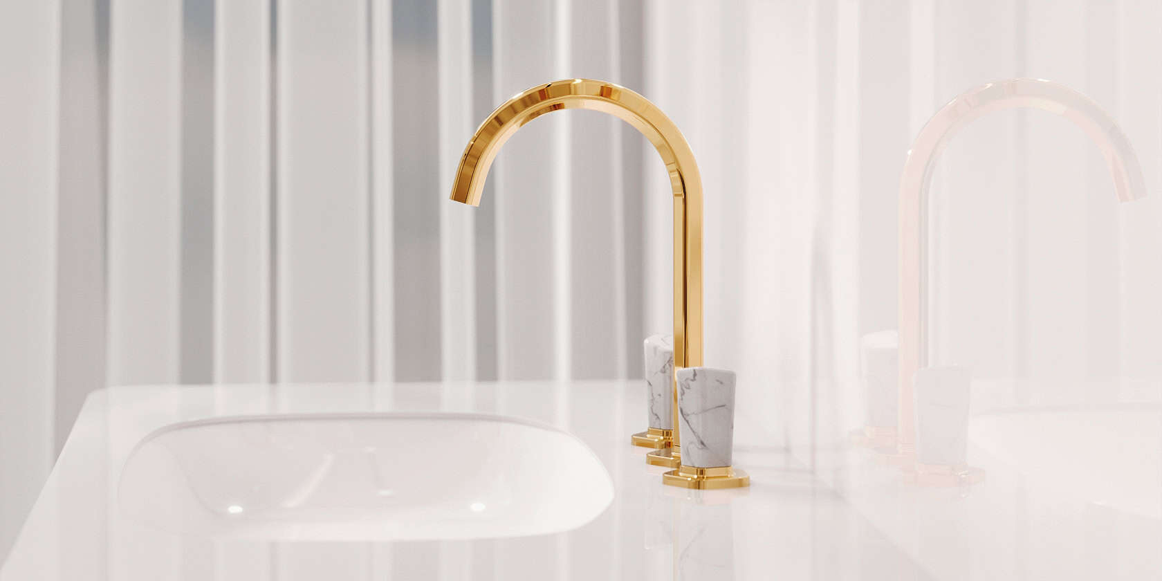 Featured image showing the new SHADÓ series from JÖRGER Design in a modern bright bathroom. The faucet combines fine natural stone and luxurious metal to create an extraordinary mix of aesthetics and craftsmanship.